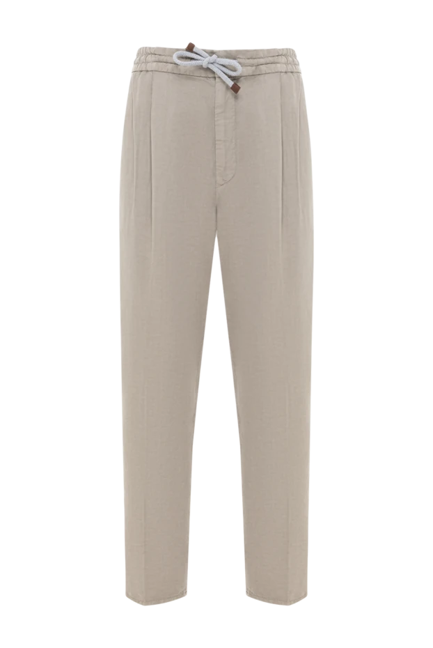 Серо-зеленые брюки с защипами из льна и хлопка на завязке - фото 1