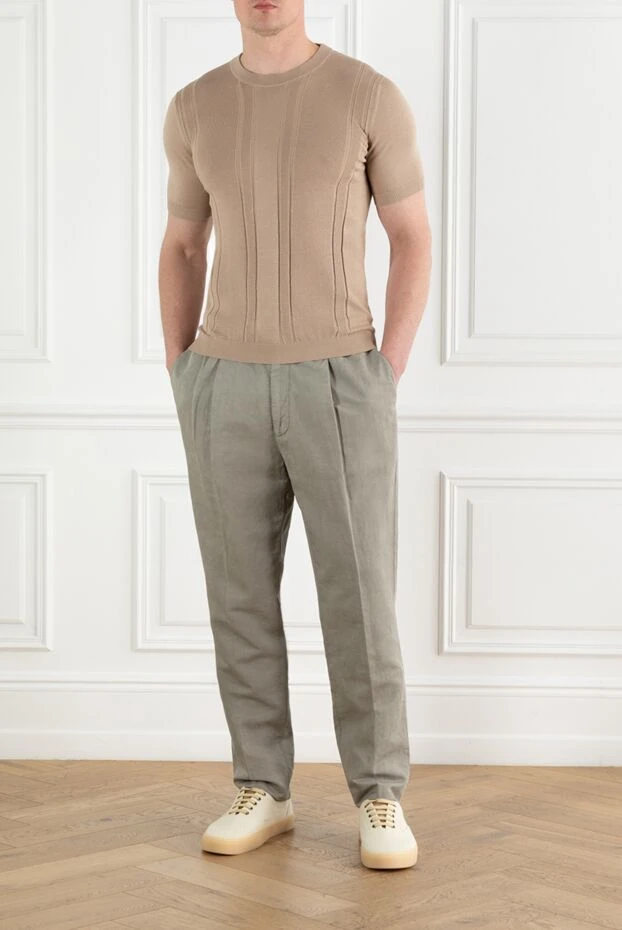 Brunello Cucinelli grey-green linen and cotton pleated trousers with drawstring 188805 - photo 2