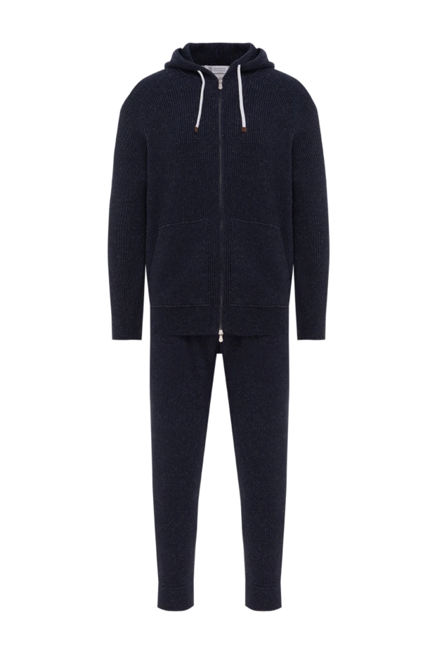 Синий спортивный костюм в рубчик из хлопка и льна с капюшоном - фото 1