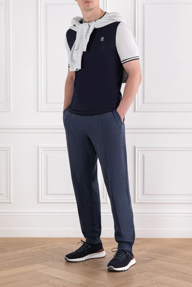 Brunello Cucinelli blue cotton jogger pants with raised stitching and drawstring waist 188830 - photo 2