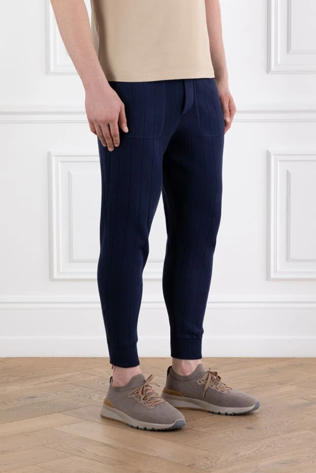 Brunello Cucinelli men's blue textured striped drawstring trousers 188831 - photo 3