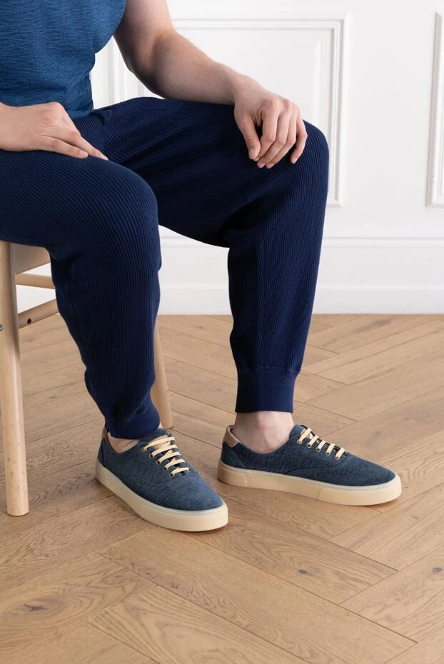Brunello Cucinelli blue canvas sneakers with contrast soles 188845 - photo 2