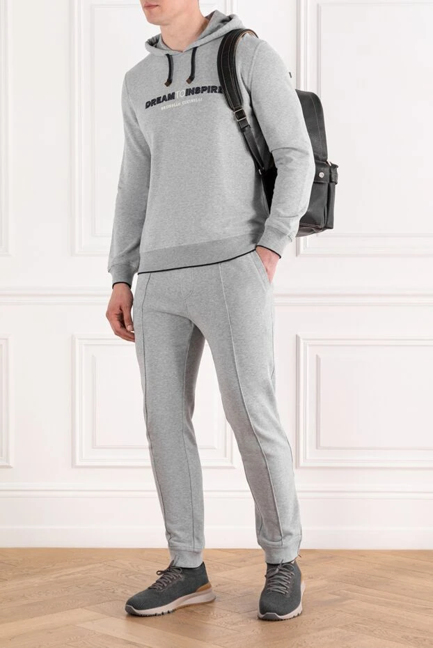 Brunello Cucinelli men's grey melange cotton tracksuit with hood 188904 - photo 2