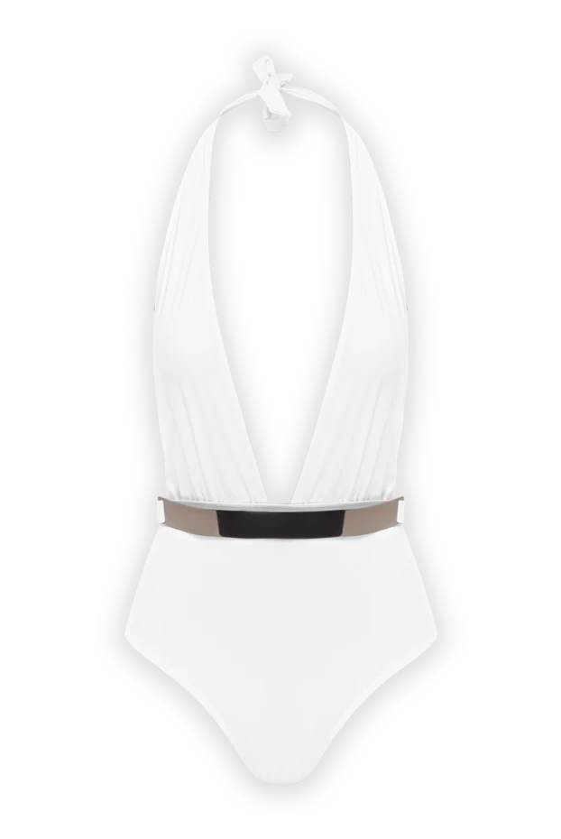 Белый слитный купальник с глубоким вырезом и контрастным поясом - фото 1