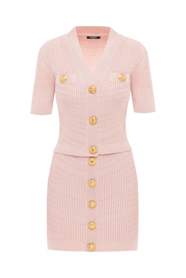 Вязаный трикотажный топ с юбкой розового цвета с фирменными пуговицами - фото 1