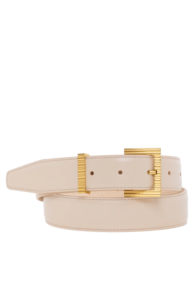 Calfskin Belt with Striped Gold Metal Buckle Beige - photo 1