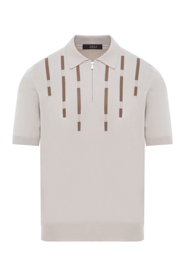 Бежевый мужское поло из хлопка и шелка с кожаными деталями - фото 1