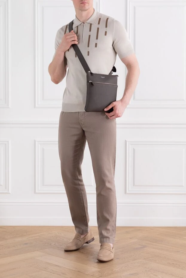 Zilli бежевый мужское поло из хлопка и шелка с кожаными деталями 189018 - фото 2