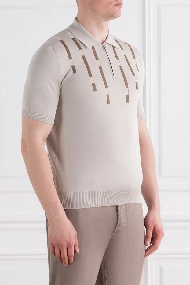 Zilli бежевый мужское поло из хлопка и шелка с кожаными деталями 189018 - фото 3