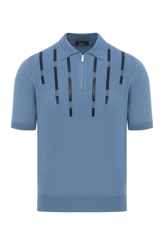 Голубое мужское поло из хлопка и шелка с кожаными деталями - фото 1