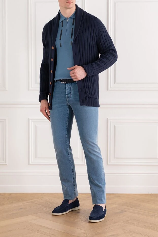 Zilli голубое мужское поло из хлопка и шелка с кожаными деталями 189019 - фото 2