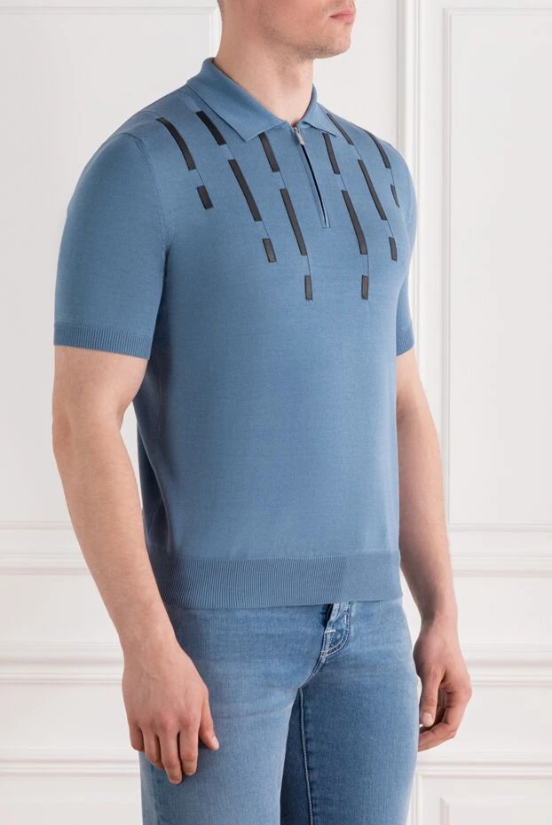 Zilli голубое мужское поло из хлопка и шелка с кожаными деталями 189019 - фото 3