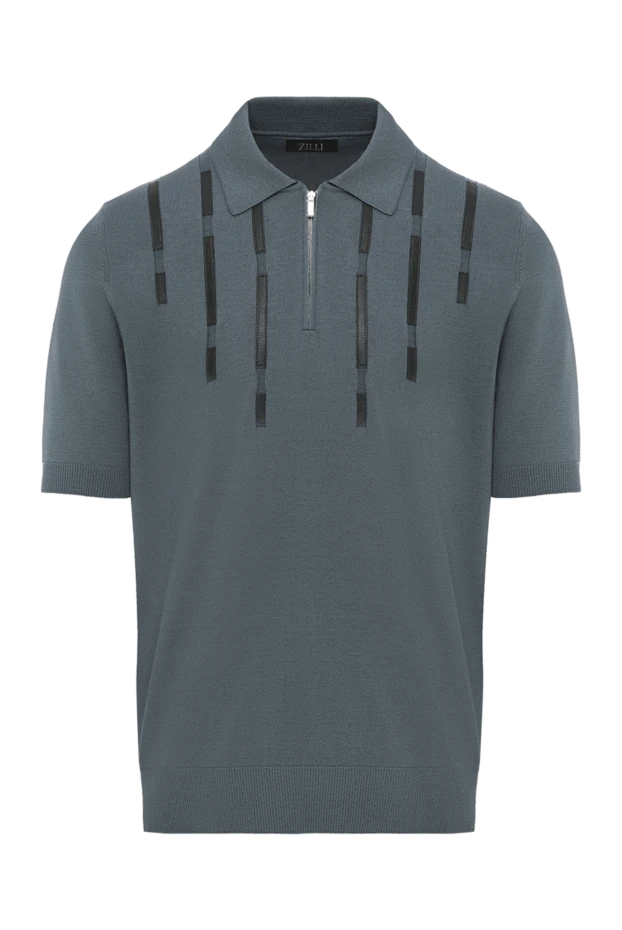 Серое мужское поло из хлопка и шелка с кожаными деталями - фото 1