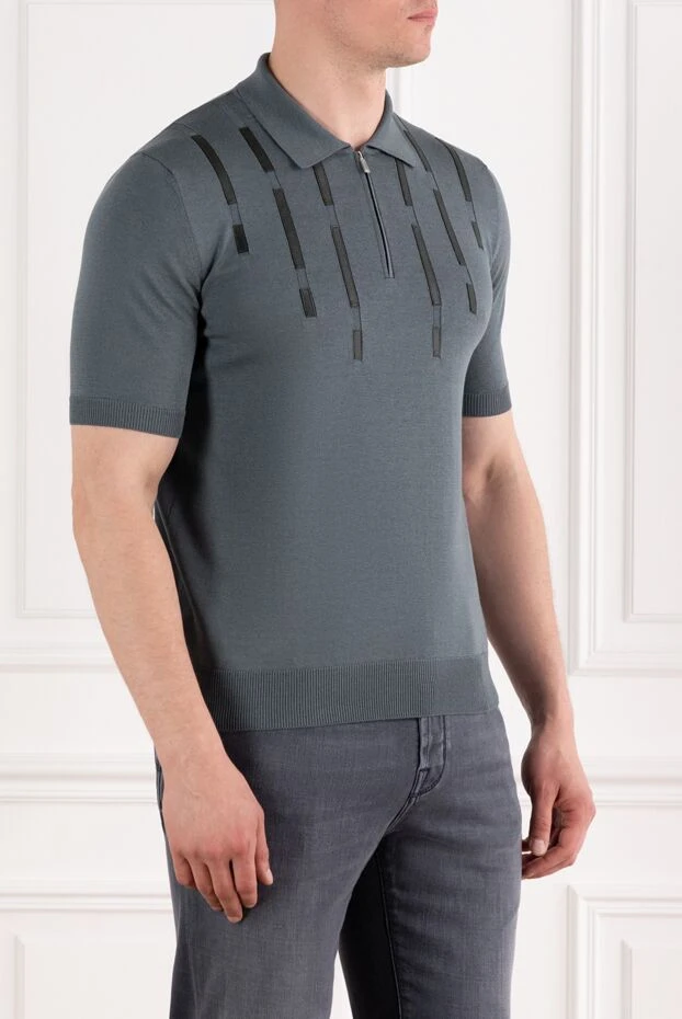 Zilli серое мужское поло из хлопка и шелка с кожаными деталями 189020 - фото 3