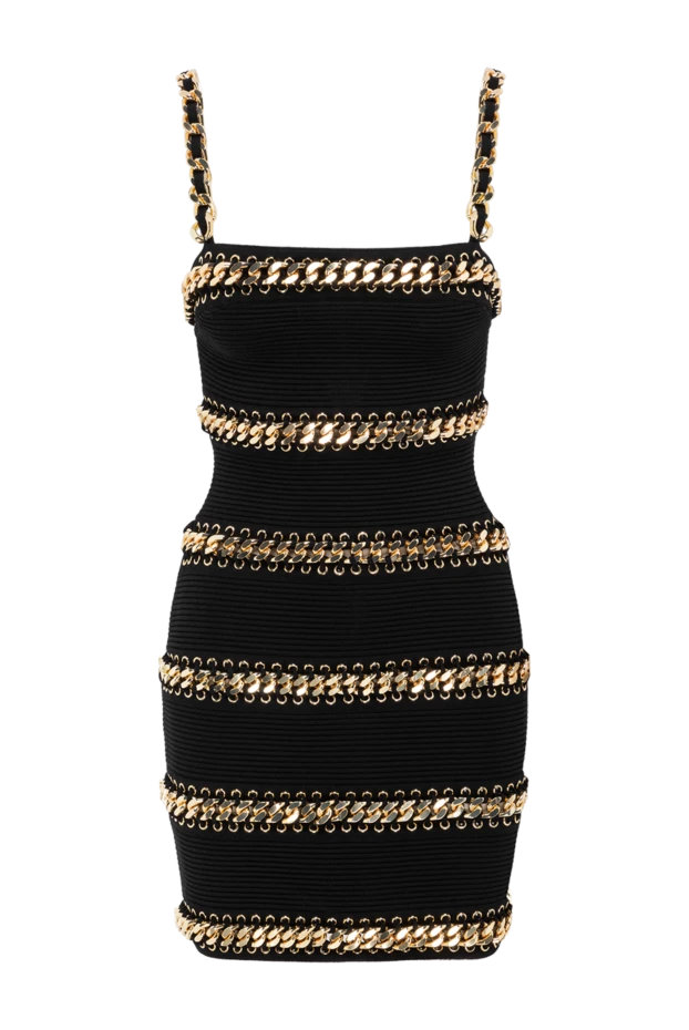 Черное платье на бретельках с отделкой золотистыми цепочками - фото 1