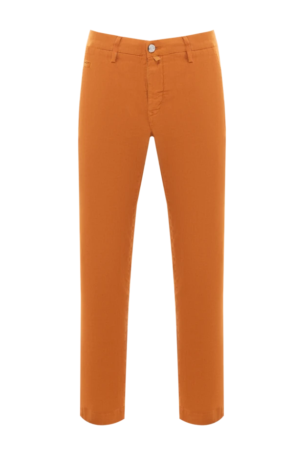 Мужские брюки из хлопка и льна в насыщенном оттенке охры с вышитым логотипом - фото 1
