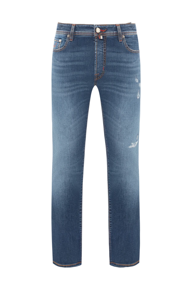 Джинсы мужские с потертостями синие зауженные из эластичного хлопка - фото 1