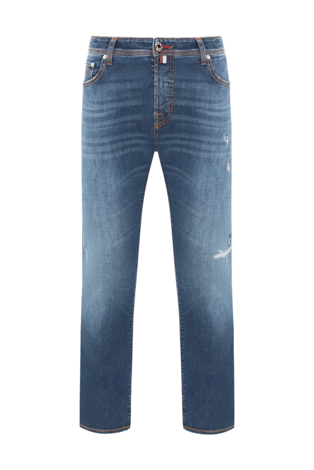 Джинсы мужские с потертостями и прорехами синие зауженные - фото 1