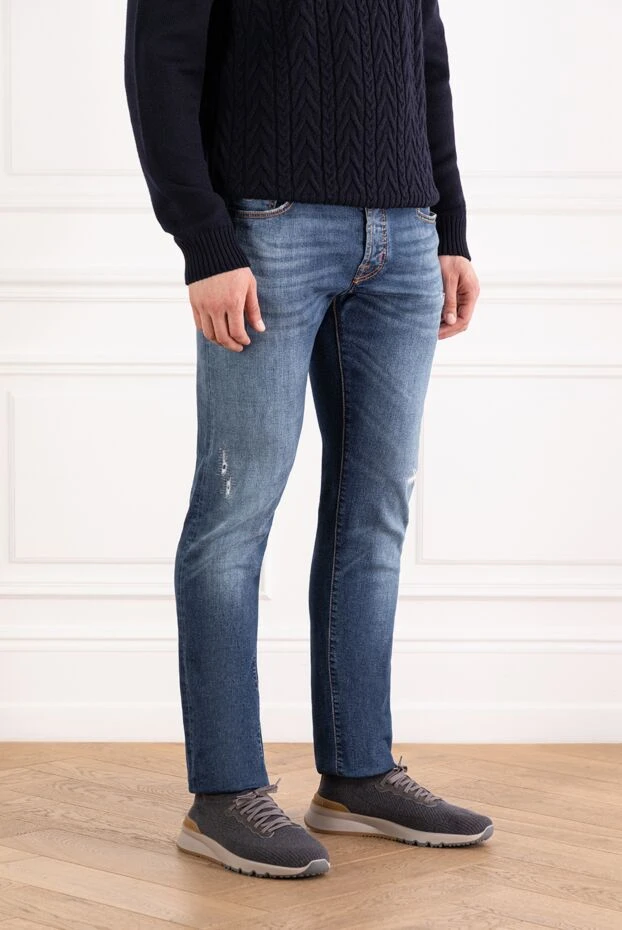 Jacob Cohen джинсы мужские с потертостями и прорехами синие зауженные 189080 - фото 3