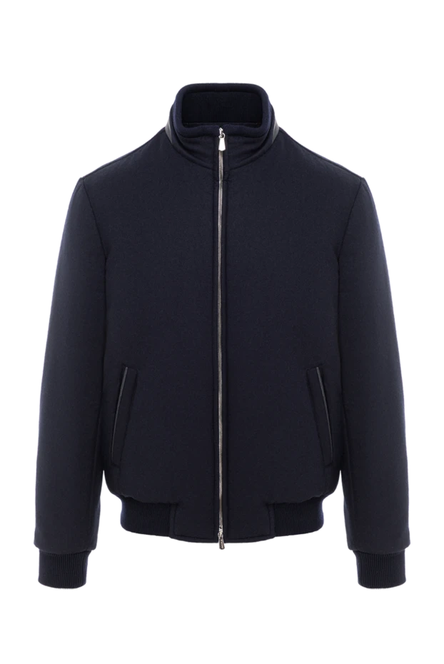 Тёмно-синий бомбер из шерсти и кашемира с кожаной отделкой на воротнике - фото 1