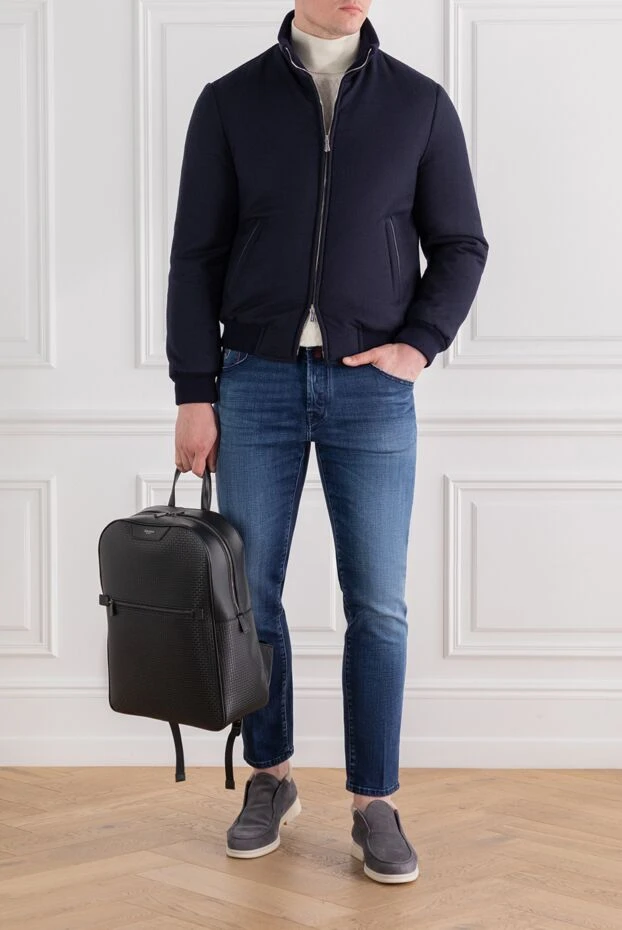 Enrico Mandelli navy blue wool and cashmere bomber jacket with leather collar trim 189102 - photo 2