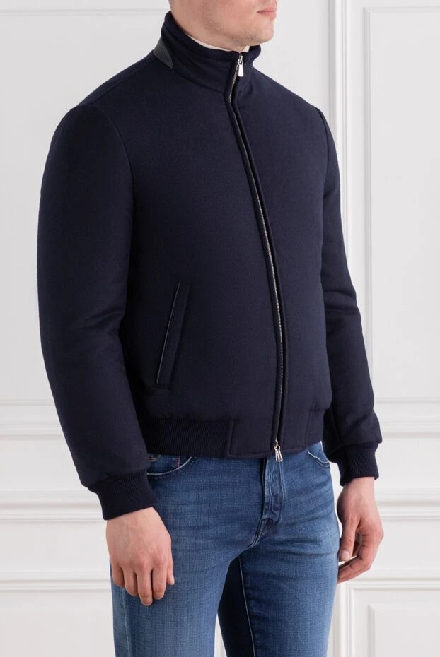 Enrico Mandelli navy blue wool and cashmere bomber jacket with leather collar trim 189102 - photo 3