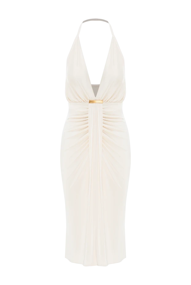 Коктейльное платье с V-образным вырезом и драпированной водопадной деталью по центру бежевое - фото 1