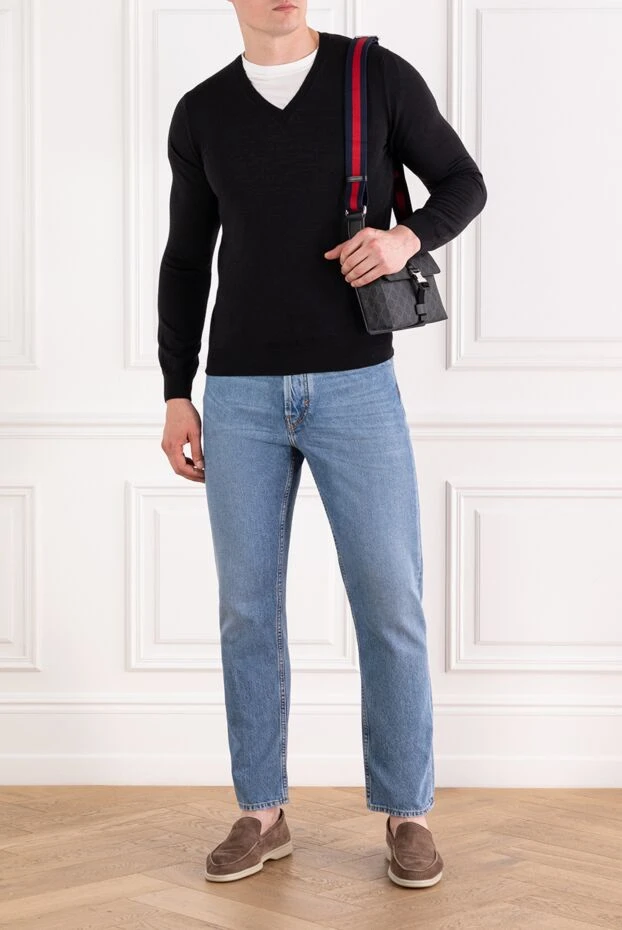 Черный шерстяной джемпер с треугольным вырезом мужской - фото 2