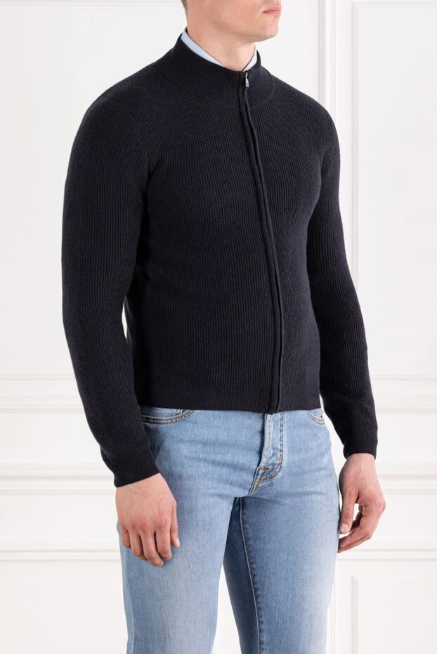 Corneliani жүн мен кашемирден тігілген қара көк ерлер кардиганы 189159 - фото 3