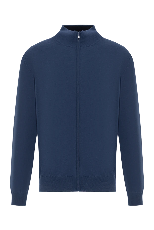 Кардиган на молнии из тонкой шерсти в насыщенном синем цвете с воротником-стойкой - фото 1