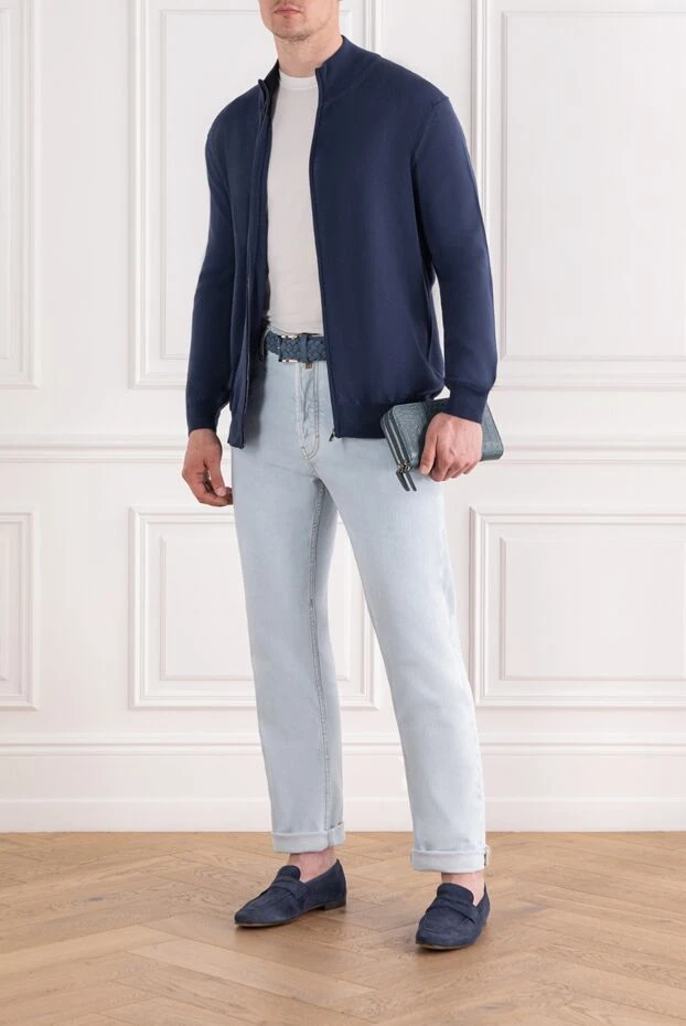 Кардиган на молнии из тонкой шерсти в насыщенном синем цвете с воротником-стойкой - фото 2