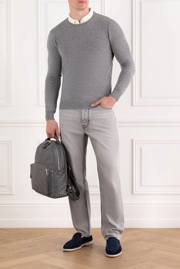 Серый мужской джемпер из шерсти и кашемира с круглым вырезом - фото 2