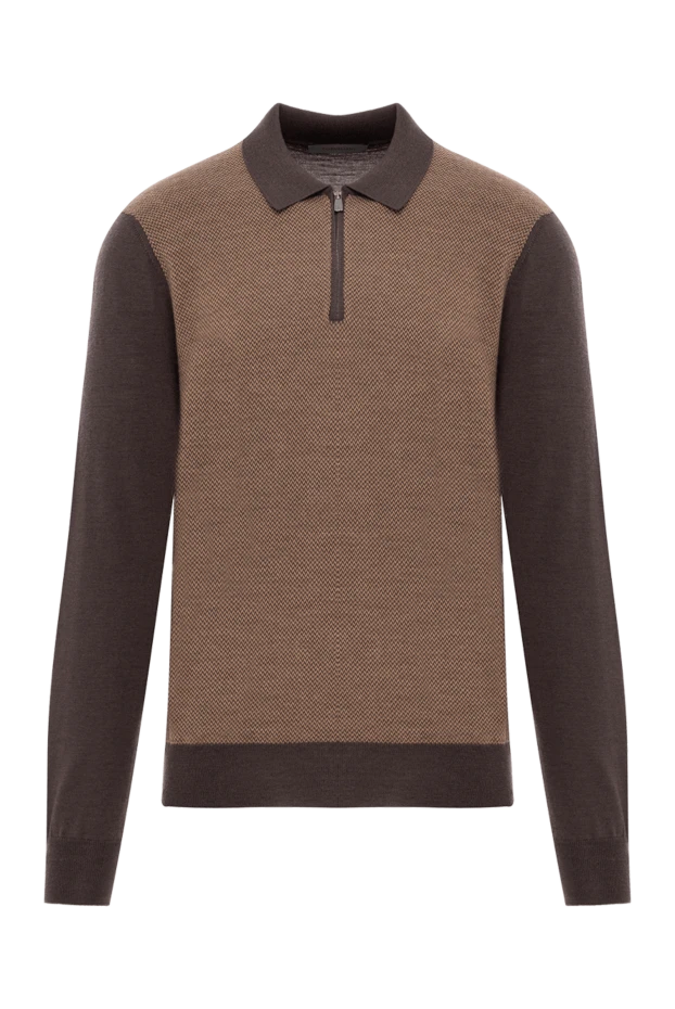 Corneliani жеңі мен жағасы контрастты қоңыр жүннен жасалған ұзын жеңді поло жейде 189204 - фото 1