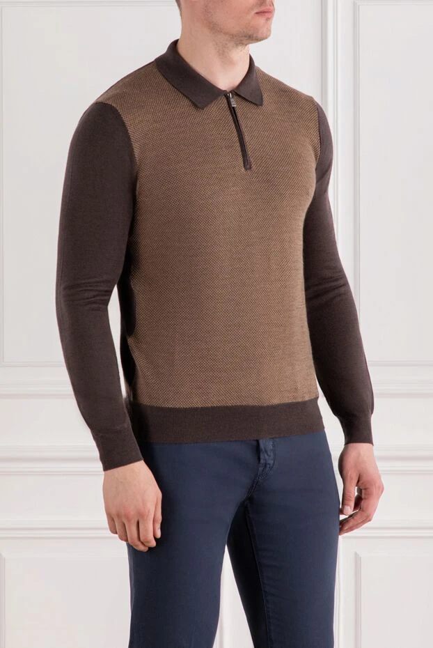 Corneliani жеңі мен жағасы контрастты қоңыр жүннен жасалған ұзын жеңді поло жейде 189204 - фото 3