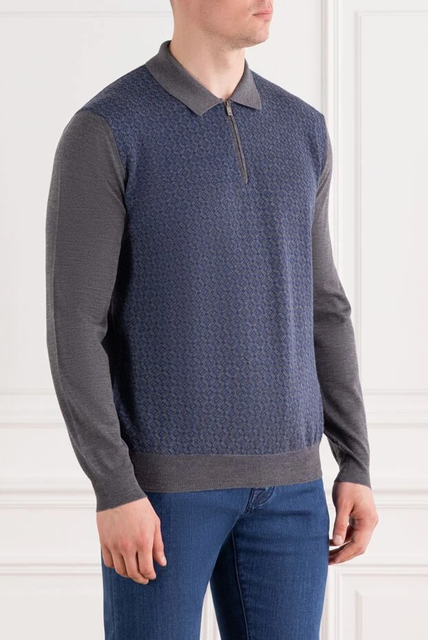 Corneliani cинее жаккардовое шерстяное поло на молнии с серыми рукавами 189206 - фото 3