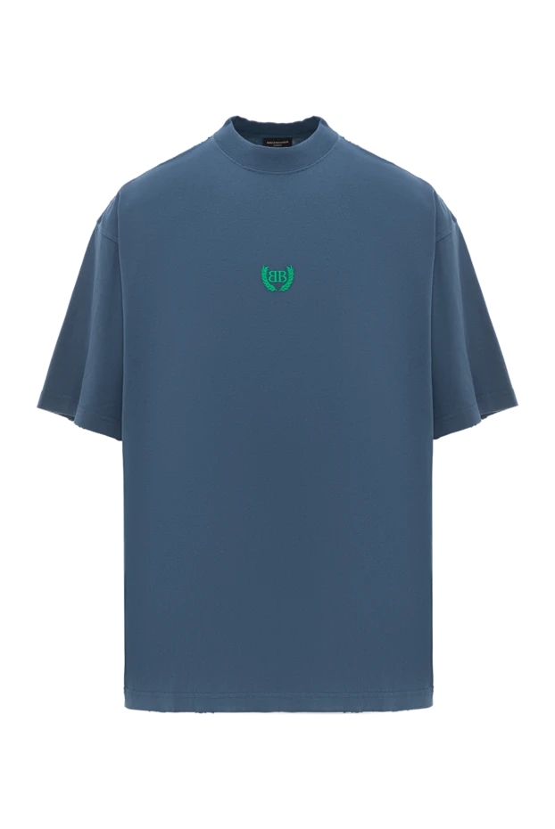 Синяя футболка с круглым вырезом и вышитым логотипом из хлопка - фото 1
