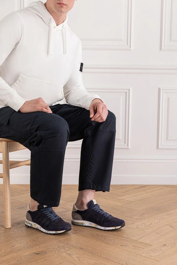 Premiata ерлерге арналған перфорацияланған былғары және күдері көк түсті эрик ретро кроссовкалары 189379 - фото 2