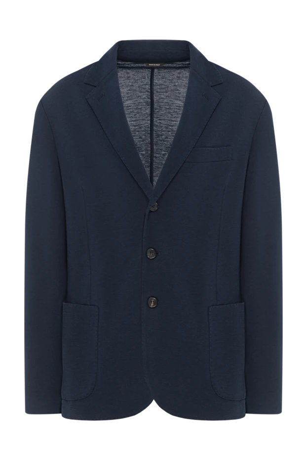 Летний однобортный пиджак из смеси хлопка, шелка и льна пике синего цвета мужской - фото 1