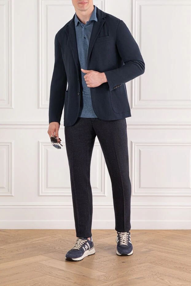 Летний однобортный пиджак из смеси хлопка, шелка и льна пике синего цвета мужской - фото 2