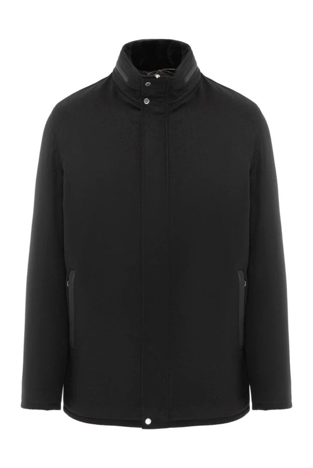 Тері және үлбір кірістірілген ерлер кашемир паркка күрте, қара - фото 1