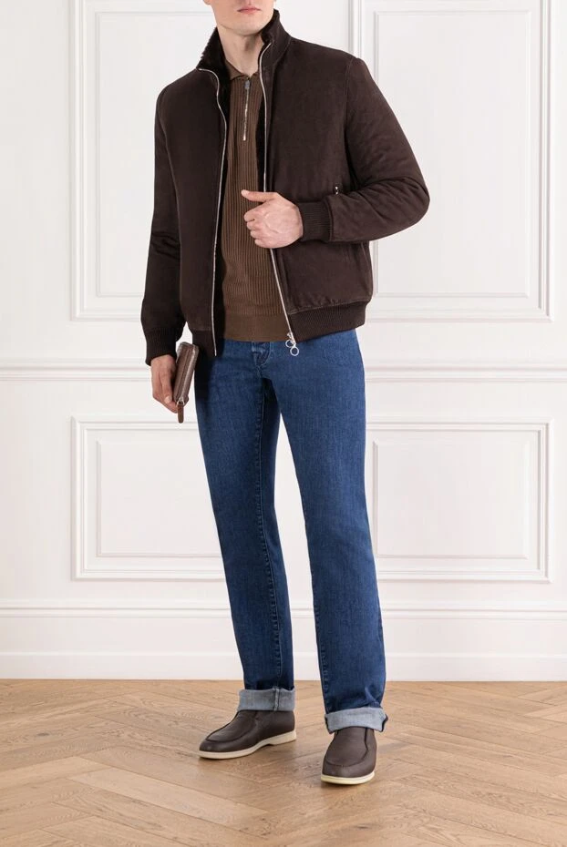 Suede bomber jacket with natural fur, brown, men's - photo 2