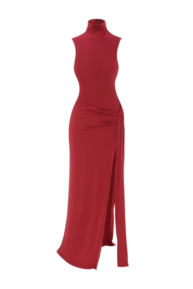 Evening maxi dress with draping and high slit in burgundy shade - photo 1