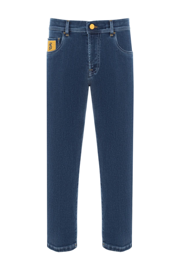 Джинсы из мягкого хлопка с жёлтыми акцентами и фирменной нашивкой - фото 1