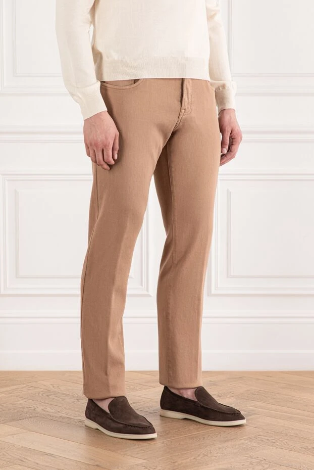 Scissor Scriptor былғары жапсырмасы бар текстуралы бежевый мақтадан жасалған күнделікті ыңғайлы джинсы 189737 - фото 3