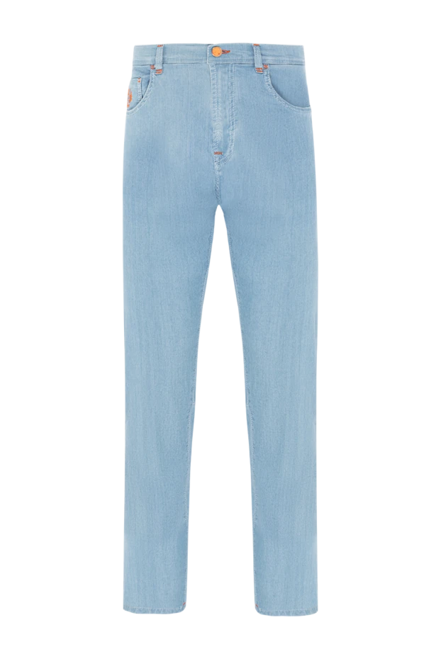 Blue jeans with orange stitching and a checkered back patch
- photo 1