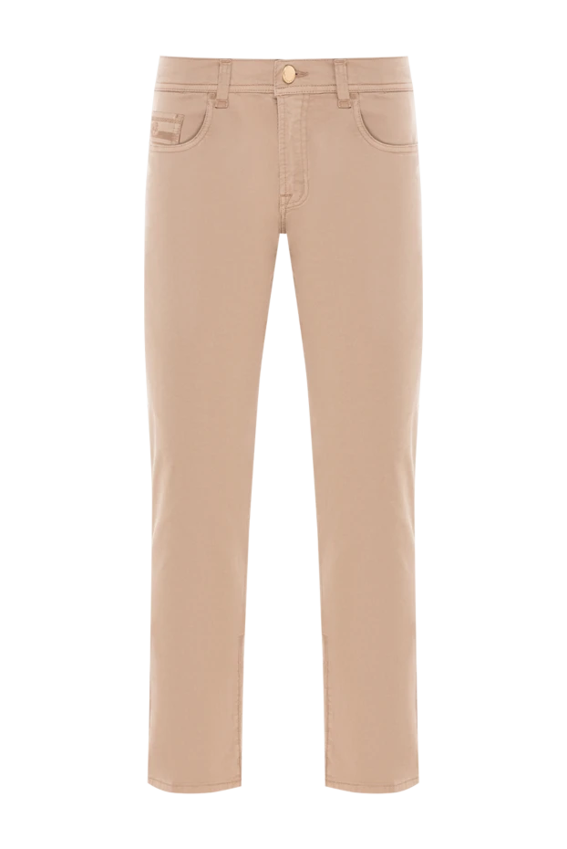 Бежевые джинсы с объемной вышивкой и нашивкой на поясе - фото 1