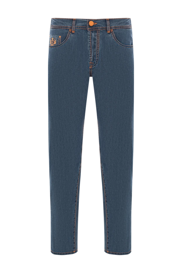 Джинсы из плотного денима цвета индиго с яркими швами и жёлтым логотипом - фото 1