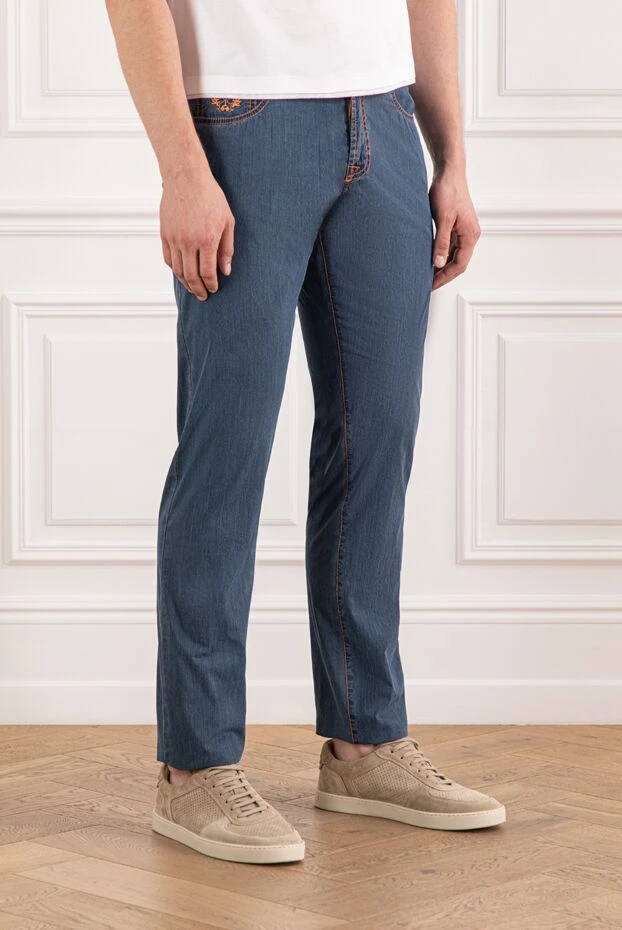 Scissor Scriptor ашық тігістері мен сары түсті логотипі бар қалың индиго джинсыдан тігілген джинсы 189769 - фото 3