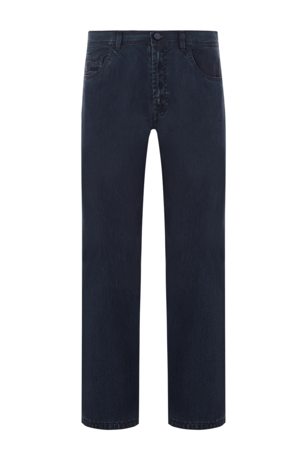 Темно-синие джинсы из мягкого денима с тонированными карманами и патчем - фото 1