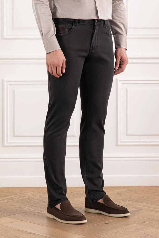 Scissor Scriptor созылған джинсыдан тігілген қара түсті ерлер джинсы фирмалық жиектері бар
 189812 - фото 3